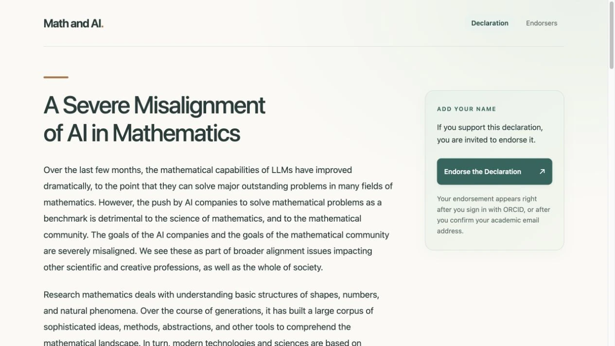 《A Severe Misalignment of AI in Mathematics》公开声明原文网页截图